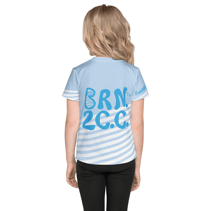 Girls' | Little Kids T-Shirt | BOURNE to Cape Cod™ | Front & Sleeve Logo | BRN.2C.C.™ Back Graphic | Vibrant Coastal Tee for Kids | Blue Logo on Skyline Stripes product image (2)