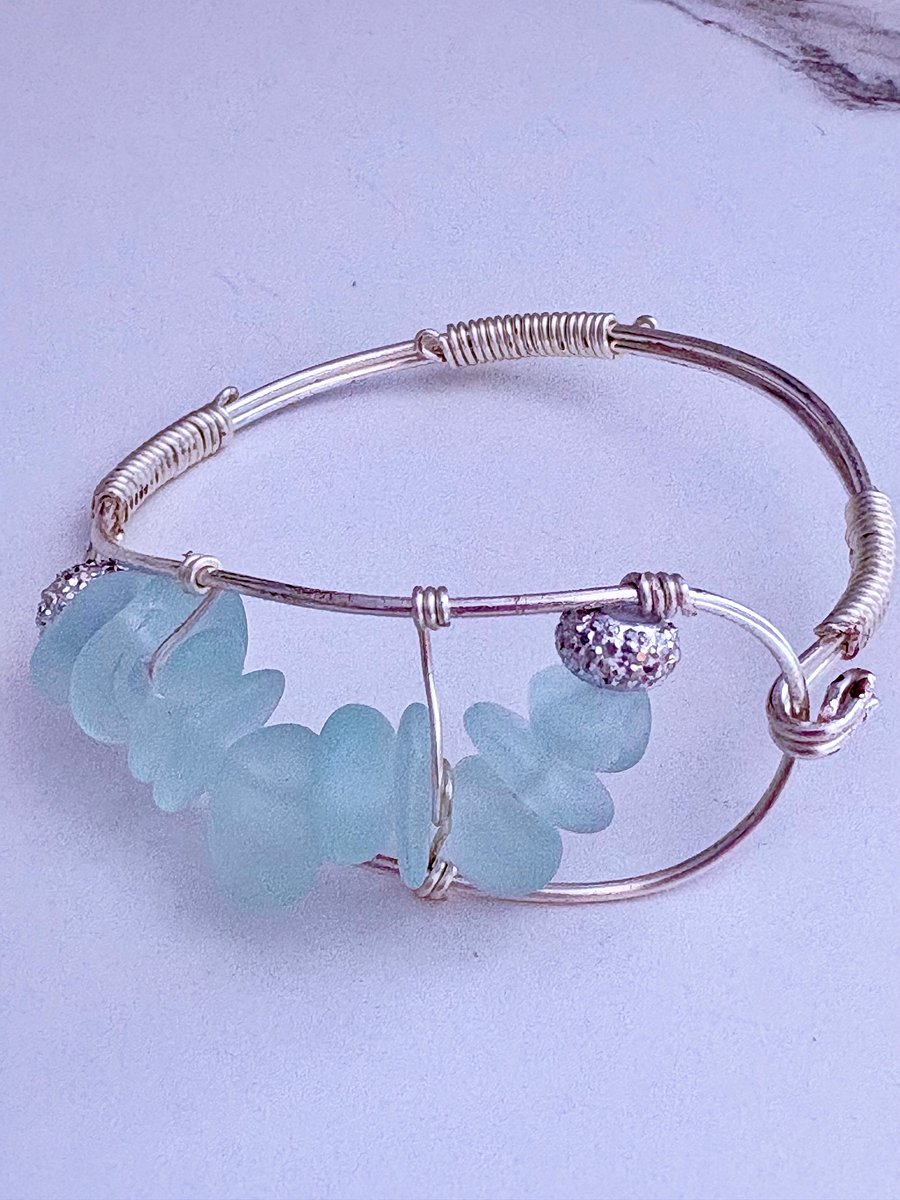 Seafoam Pebble Tide Bracelet | Wire-Wrapped Sea Glass | Handmade 6.75" Coastal Charm by Monique Faella Designs™ | MFD-00198 product image (1)