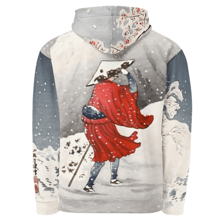 Plum Tree and Snowy Evening All-Over Print Recycled Unisex Hoodie product image (4)