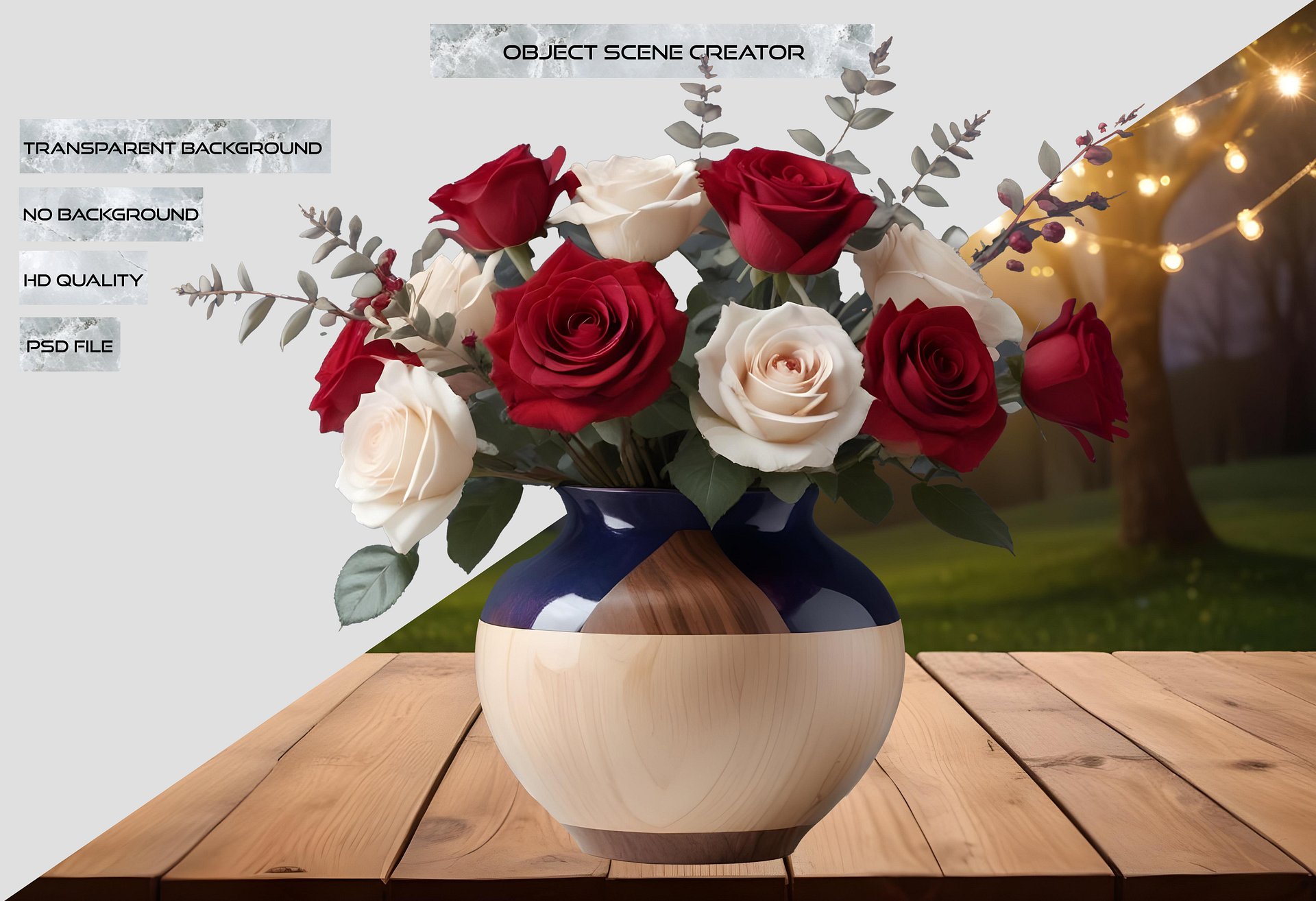 Dual-Tone Wood and Blue Vase with Red and White Roses PNG product image (2)