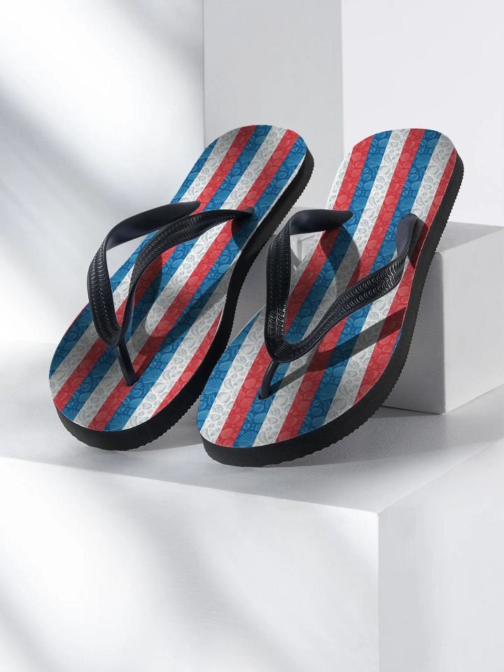New England Tidal Treasures | Patriotic Stripes in Red, White & Blue | Flip Flops | by Monique Faella Designs™ product image (1)