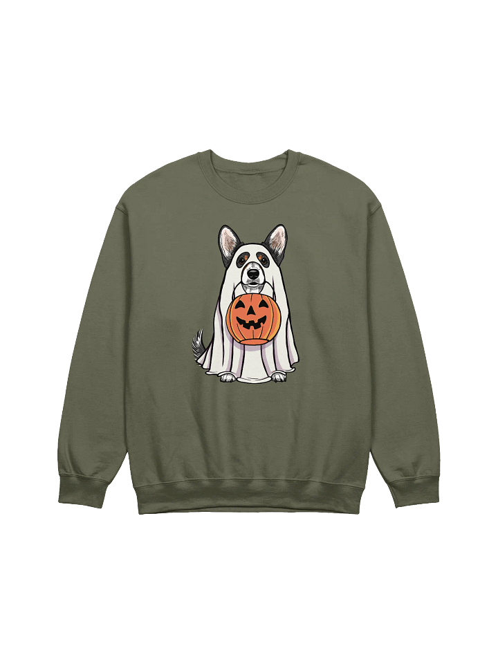 Funny Halloween Cardigan Welsh Corgi(Tricolor) Sweatshirt | Funny Corgi Wearing a Ghost Costume and Holding a Pumpkin Basket product image (1)