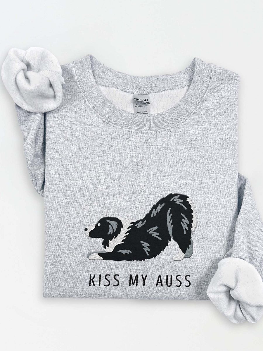 Kiss My Auss(2) Sweatshirt (Embroidered) of an Australian Shepherd(Black & White) product image (1)