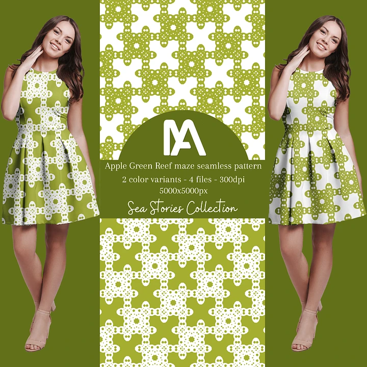 Instant Download - Apple Green Reef maze seamless pattern - 2 variants bundle product image (1)