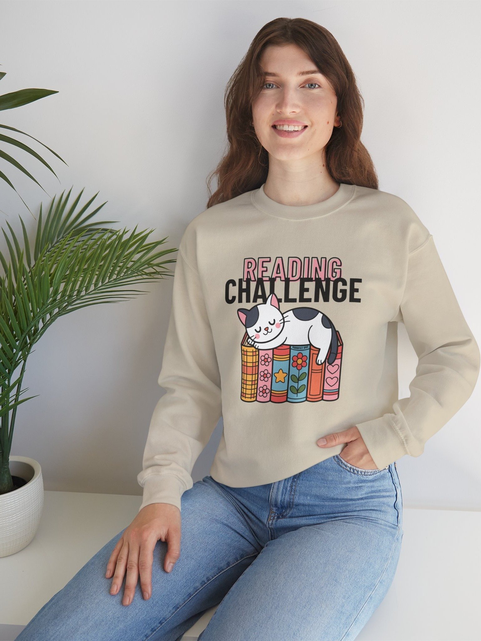 “Reading Challenge” Cozy Cat Book Lover Sweatshirt – Cute Sleeping Cat on Books – Unisex Reading Crewneck product image (1)