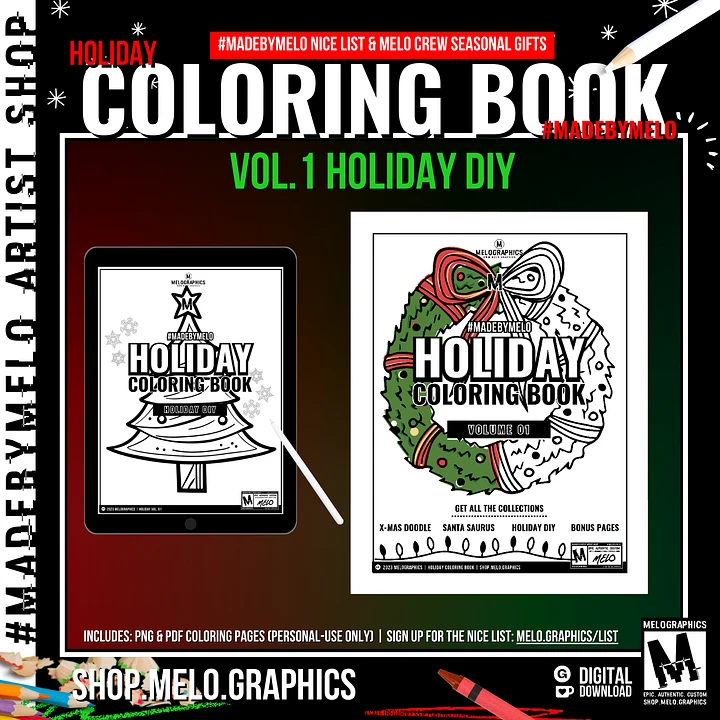 FREE Holiday Coloring Book Vol 1: DIY Holiday - Printable PDF | #MadeByMELO product image (1)
