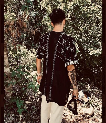 ✨Stitch and Star Kimono ✨🖤✨in black manta Jibara worn with cream manta tailored trousers. 
Hand embroidered with grey cotton ...