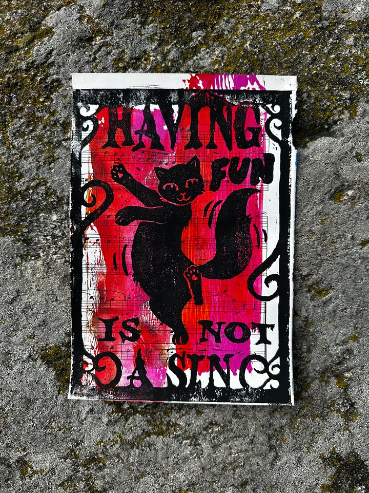 HAVING FUN IS NOT A SIN dancing cat original lino print (12) product image (1)