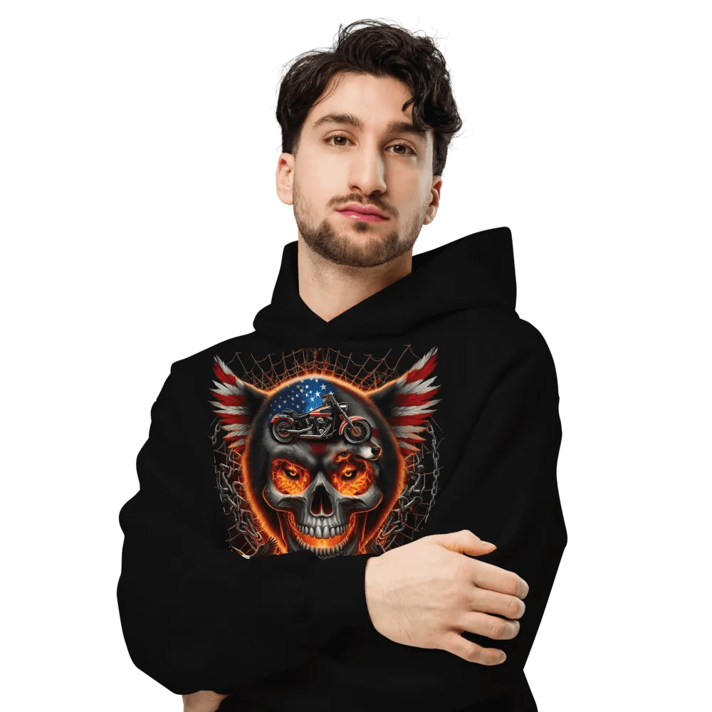 Flaming Skull Patriot Motorcycle Oversized Hoodie #27 product image (6)