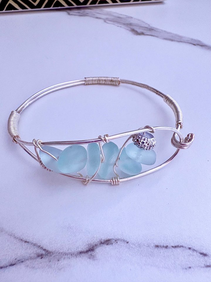 Seafoam Pebble Tide Bracelet | Wire-Wrapped Sea Glass | Handmade 7.5" Coastal Charm by Monique Faella Designs™ | MFD-00197 product image (1)