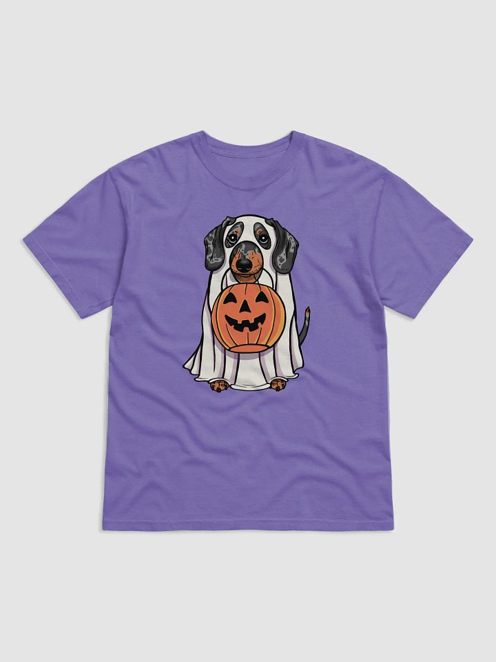 Funny Halloween Dachshund(Dapple) T-Shirt | Funny Doxie/Wiener Wearing a Ghost Costume and Holding a Pumpkin Basket product image (1)