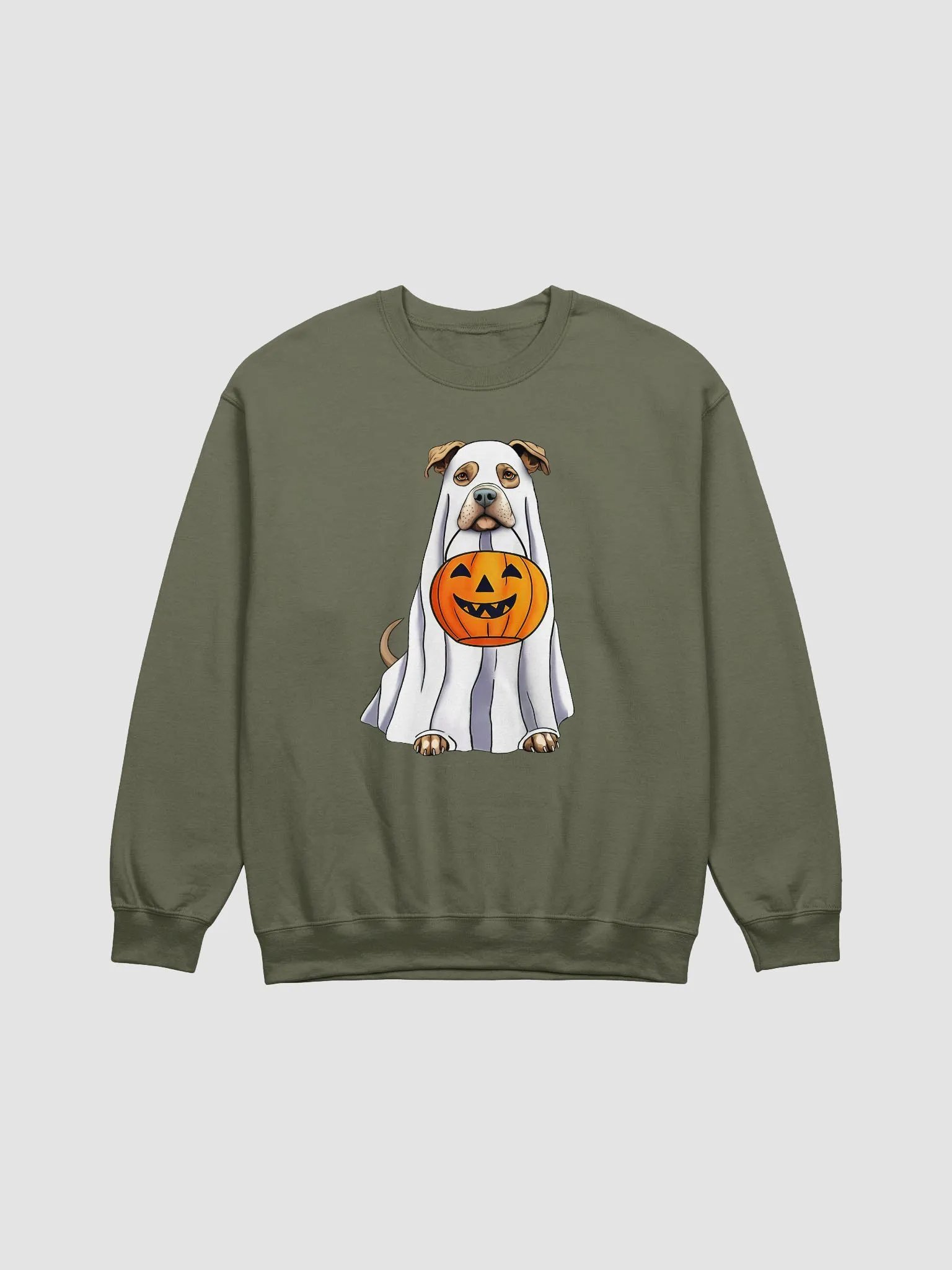 Pitbull(Fawn) Halloween Sweatshirt | Funny Halloween Staffordshire Wearing a Ghost Costume with Pumpkin Basket product image (21)