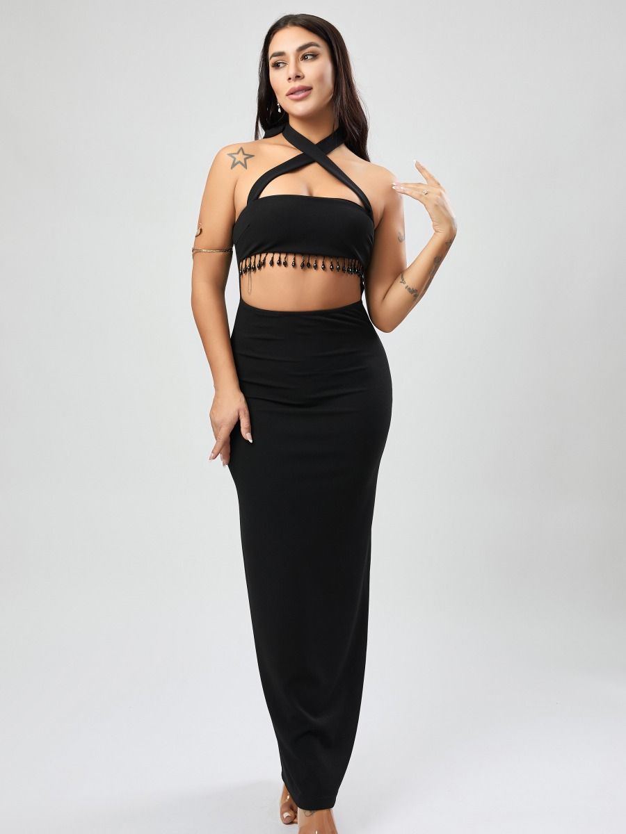 Wholesale high quality sexy stylish medium stretch beaded decor hollow maxi dress product image (3)