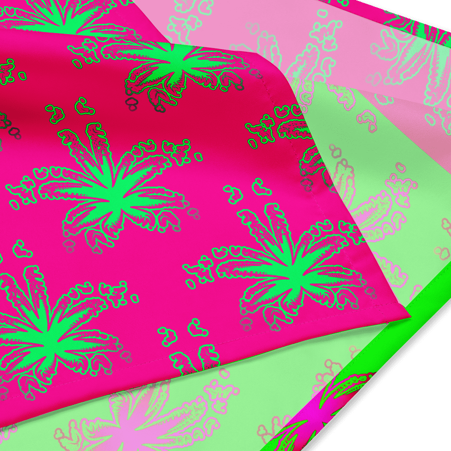 Neon Green Pink Cannabis Twisted Budz Bandana, 420 Art Summertime Stoner Style Fashion, Weird Weed Leaf Pattern All-Over Print Odd Accessory product image (3)
