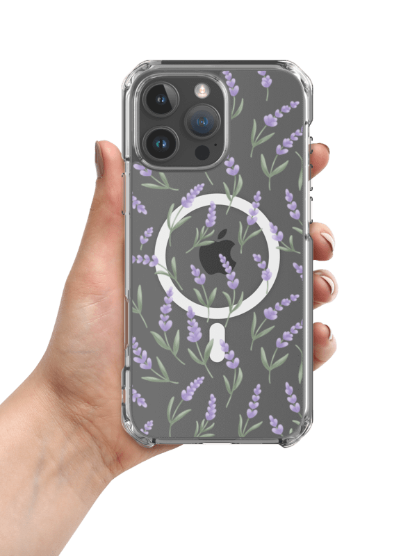 MagSafe clear case for iPhone with lavender pattern. Artistic floral protective cover product image (1)