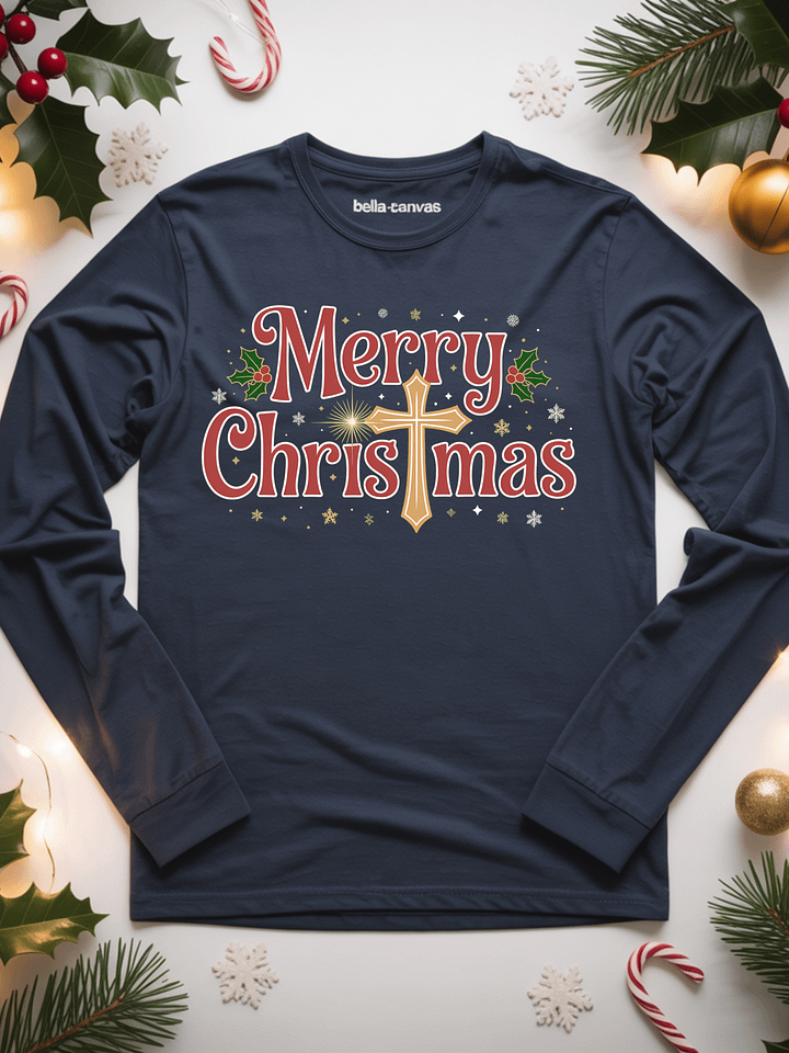 Christian Christmas Long Sleeve Shirt Merry Christmas with a Cross product image (1)