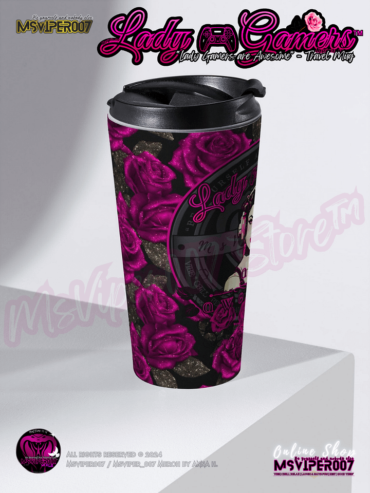 Travel Mug - MsViper007's "Lady Gamers Are Awesome™ [black/velvet violet rose | V3]" Hot or Cold Beverage Stainless Steel Travel Mug by Anna H. product image (2)