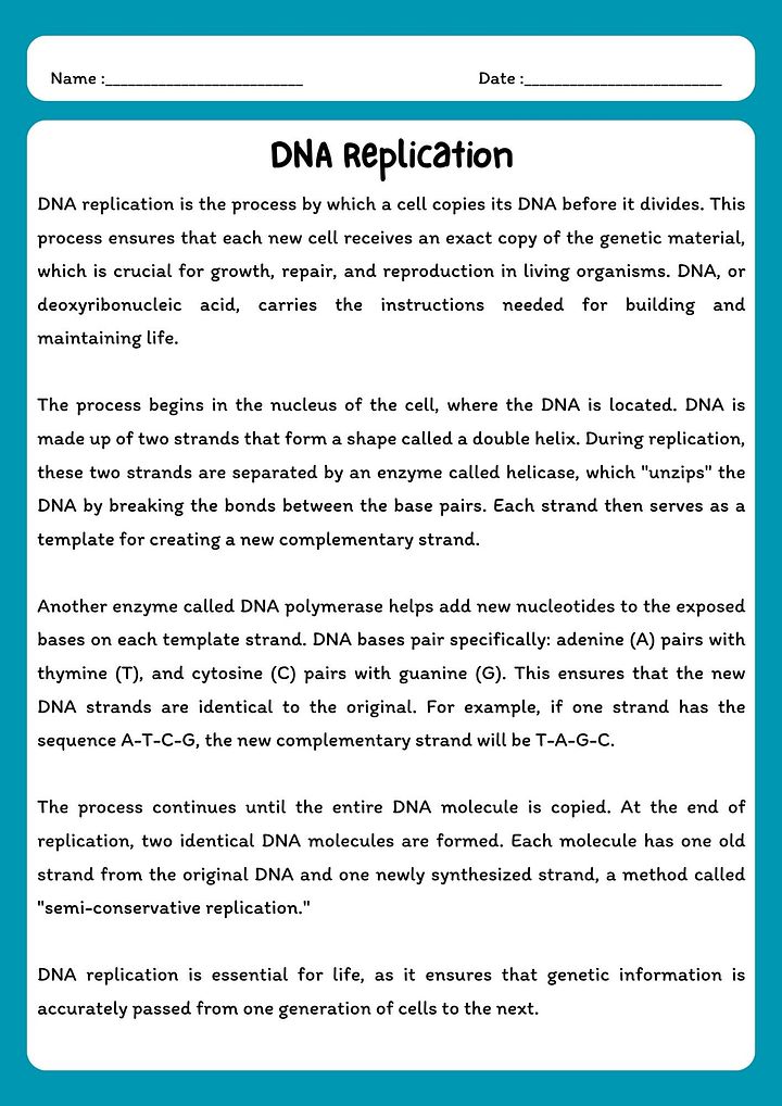 DNA Replication Reading Comprehension Passage & Questions product image (1)