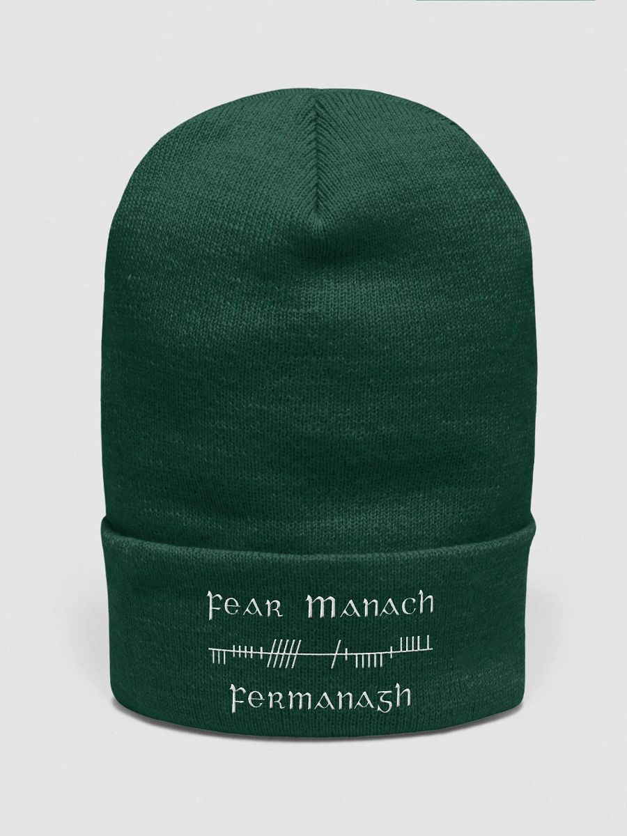 Fermanagh/Fear Manach, Green with white, Orthodox style Ogham embroidered Cuffed Beanie product image (1)