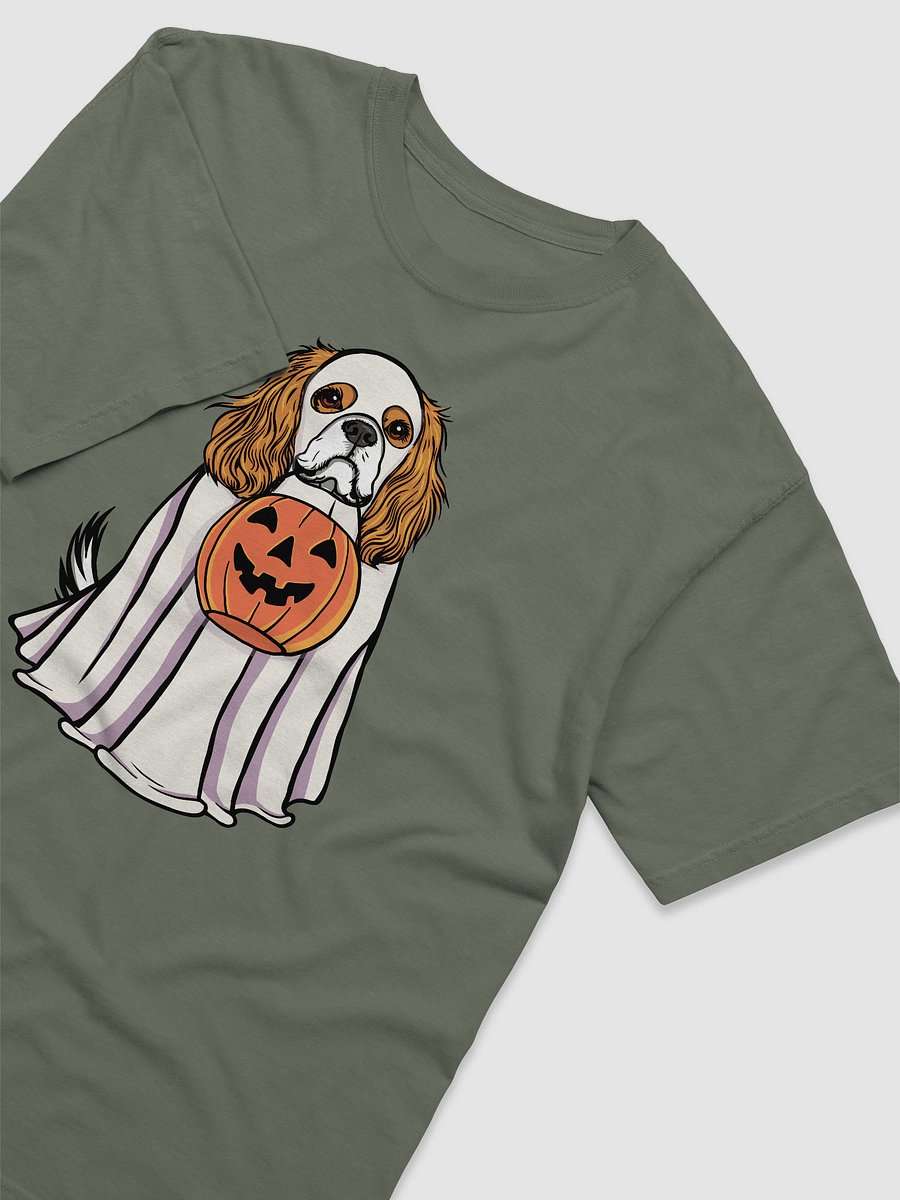 Funny Halloween Cavalier King Charles Spaniel(Blenheim) T-Shirt | Funny Cavalier Wearing a Ghost Costume and Holding a Pumpkin Basket product image (10)