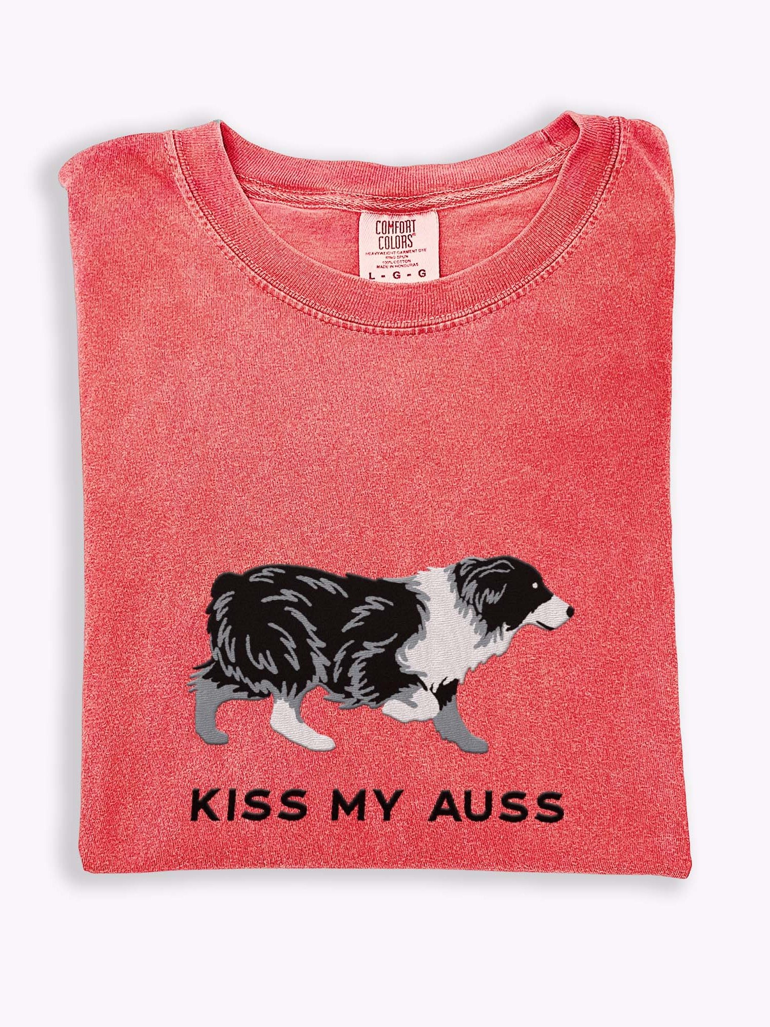 Kiss My Auss T-Shirt(Embroidered) of an Australian Shepherd(Black & White) product image (1)