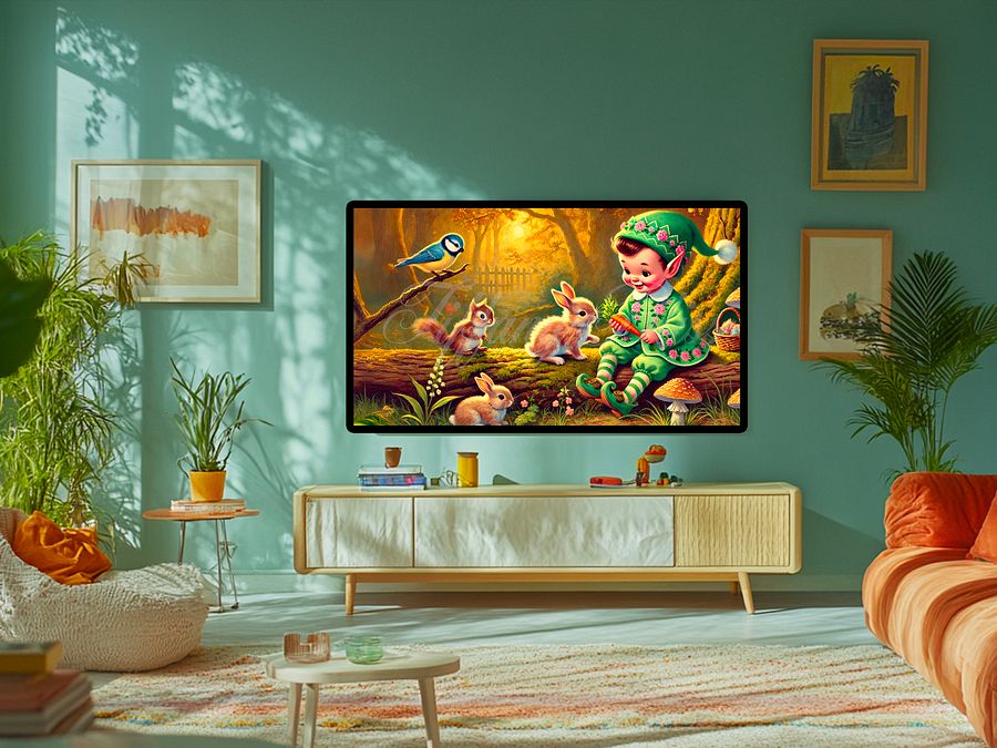 This TV Frame Art piece features a an adorable and cute baby bunny moving a dandelion with it's paw. You can see dandelion seeds blowing in the wind. Make a wish. product image (5)