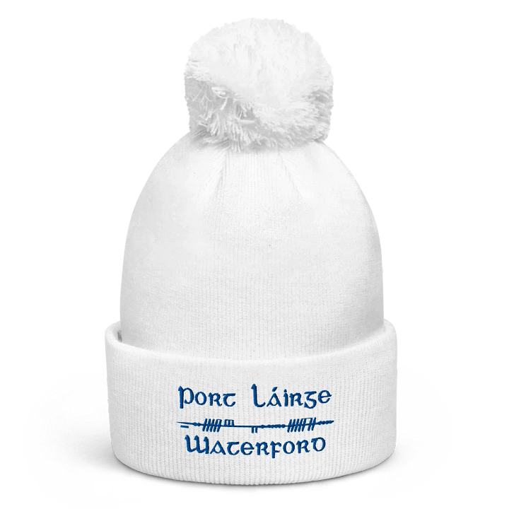 Waterford/Port Láirge, Scholastic style Ogham, white with blue, embroidered Pom-Pom Beanie product image (1)