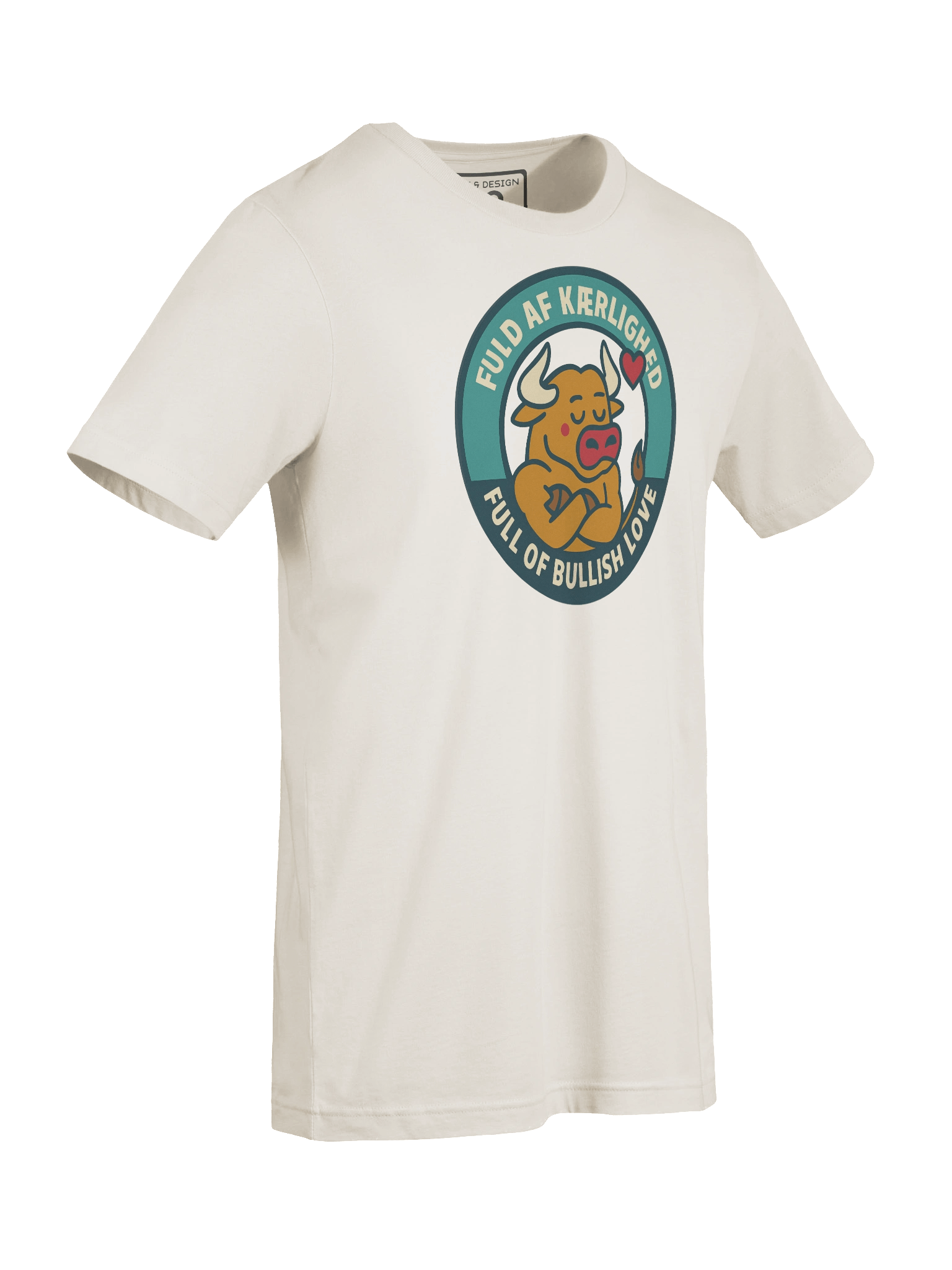 Bilingual Bull T-Shirt – “FULD AF KÆRLIGHED / FULL OF BULLISH LOVE” Scandinavian-Inspired Cartoon Tee by M-Art and Design product image (78)