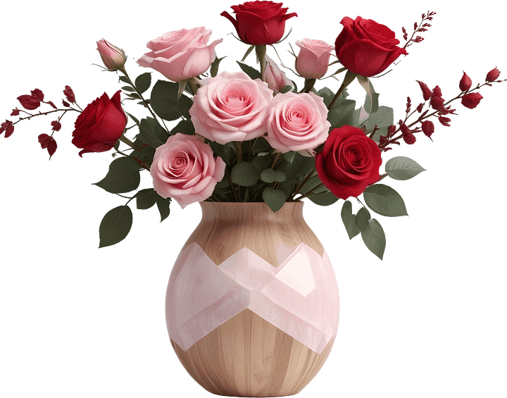 Romantic Wood and Rose Quartz Vase with Elegant Rose Bouquet PNG product image (1)