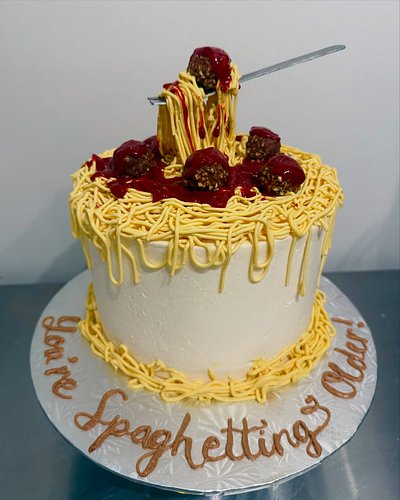 Gravity-defying Spaghetti & Meatballs… but make it cake! 🍝🎂

This whimsical creation is made with layers of fresh lemon spong...