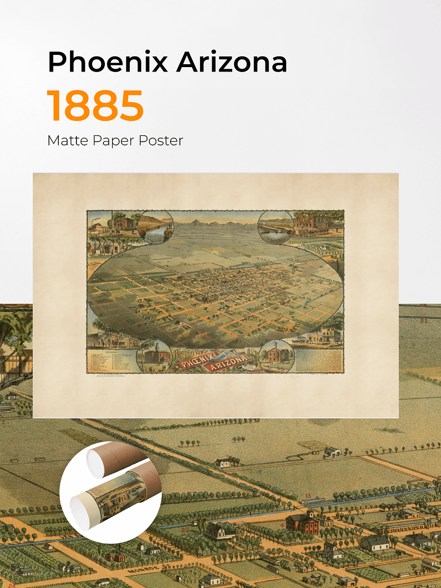 Phoenix Arizona 1885 Poster Print – Hand-Drawn Historic City Map (Unframed) product image (1)