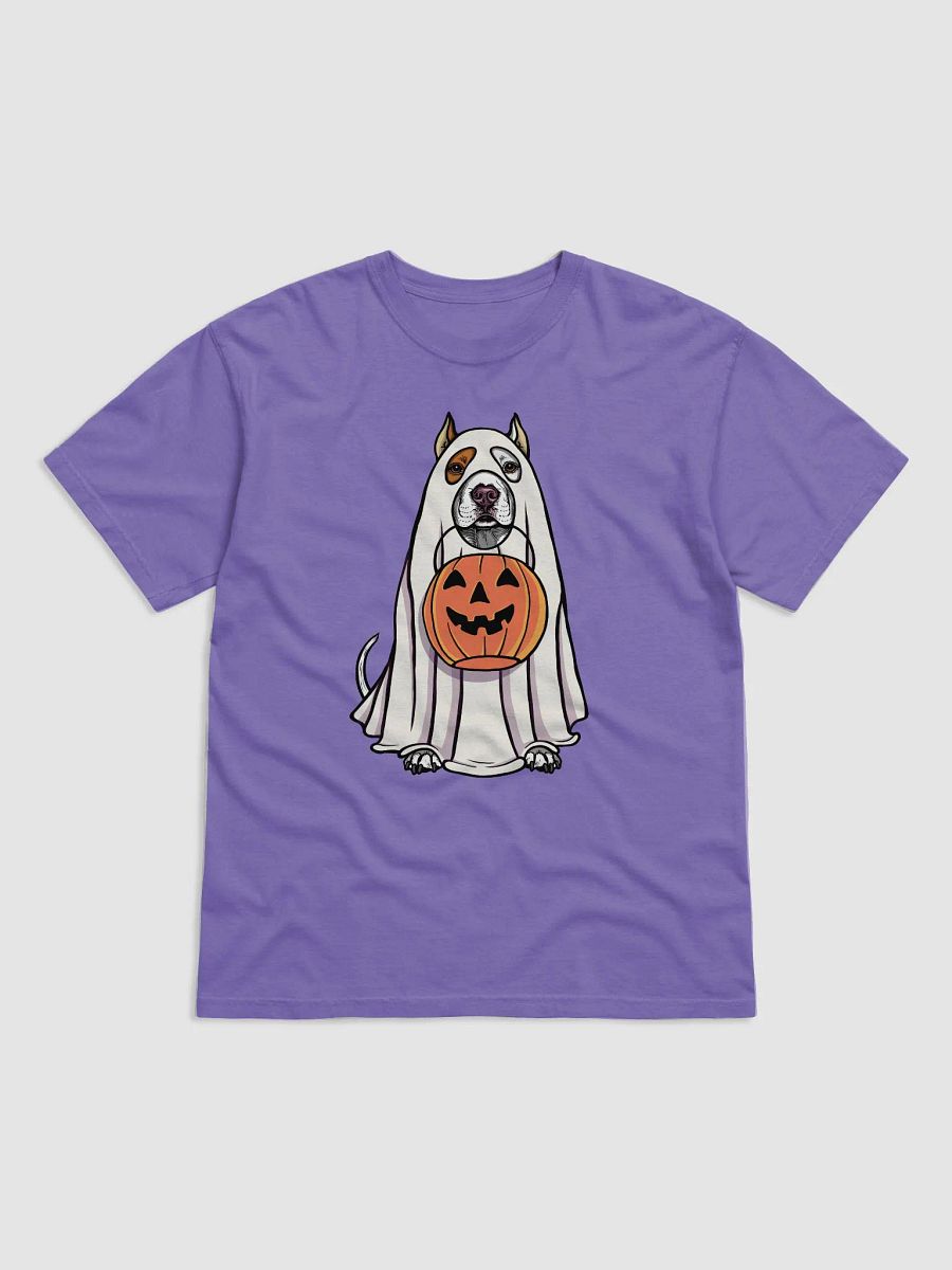 Funny Halloween Pitbull Terrier(Cropped Ears, White) T-Shirt | Funny Pittie Wearing a Ghost Costume and Holding a Pumpkin Basket product image (27)