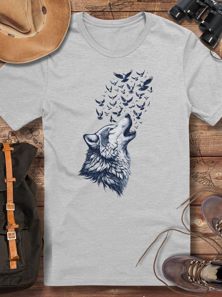 Wolf Howl T-Shirt, Majestic Wolf and Birds Graphic Tee, Nature Lover Shirt, Wildlife Art Unisex T-Shirt, Spiritual Animal Gift T-shirt product image (1)