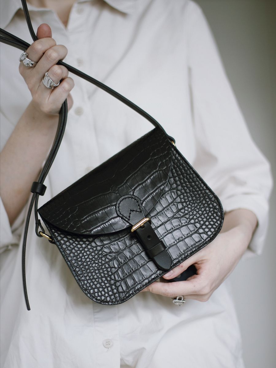 Black Croc Embossed Leather Saddle Bag – Small product image (3)