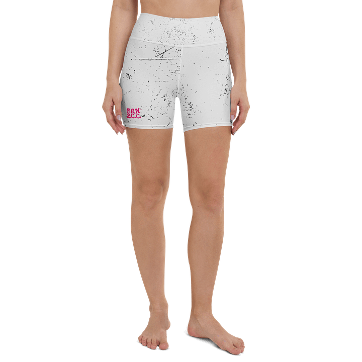 All-Over Print Yoga Shorts | with Inside Pocket | BRN.2C.C.™ | Coastal-Inspired Activewear | Vibrant Pink Logo on Distressed White product image (2)