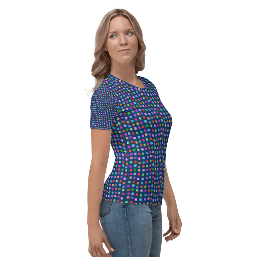 Ladies all over print t shirt navy with watercolor dots design. Ideal or casual as well as evening wear. product image (4)