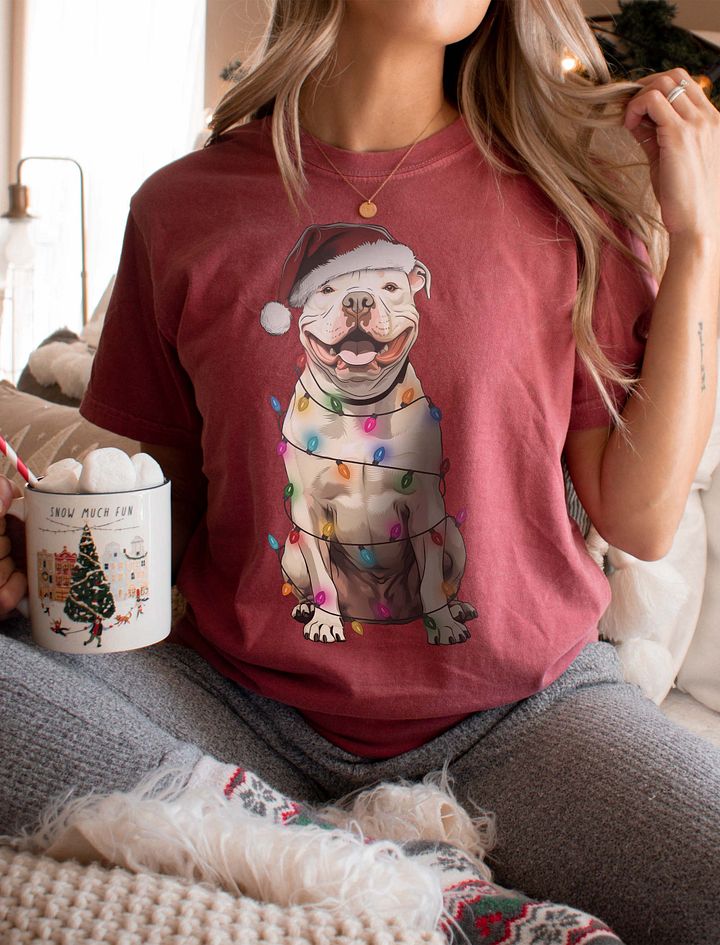 Funny Pitbull Terrier(White) Christmas T-Shirt for Pittie Paw-rents product image (6)