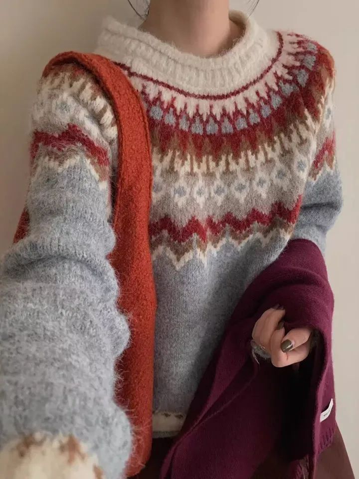 Retro Knitted Pullover Sweater Women's Loose Long Sleeve Top product image (2)