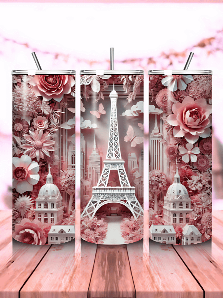 3D Eiffel Tower Floral 20oz Tumbler Wrap PNG – Sublimation Flower Design – Eiffel Tower Themed Tumbler Wrap – High-Resolution 300 DPI product image (1)