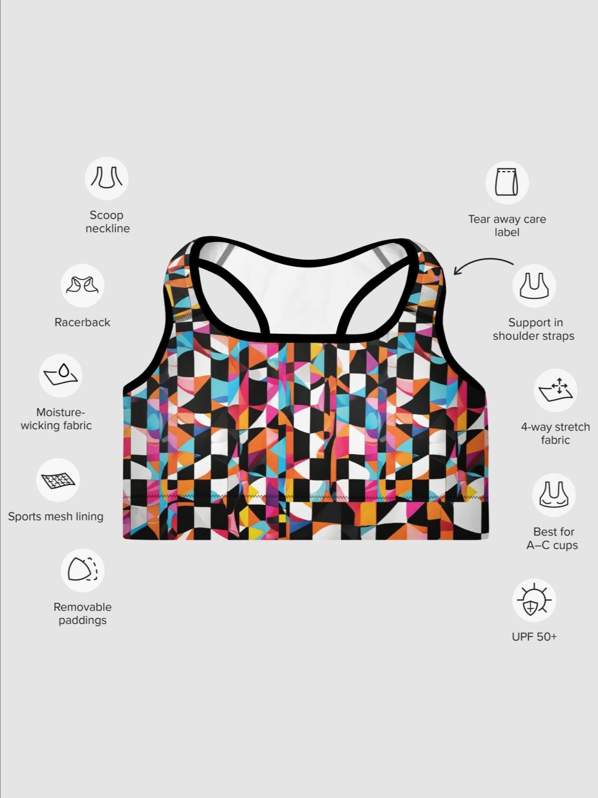 Sport Bra "Colorful Modern Abstract Checkered Art Printed" product image (4)