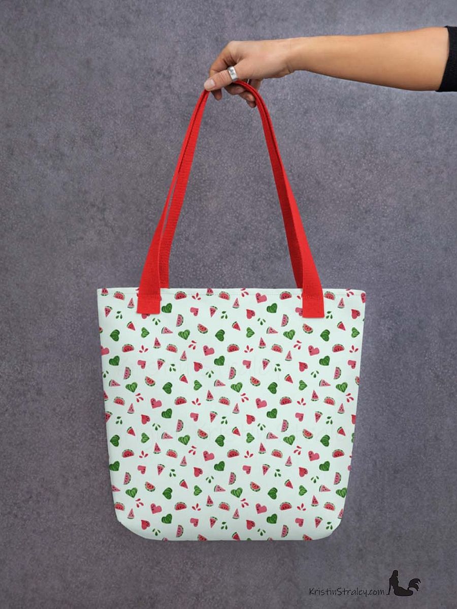 Tossed Watermelons and Hearts on Mint Reusable Tote Bag product image (6)