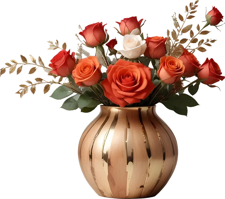 Elegant Gold-Striped Vase with Orange and White Roses PNG product image (1)