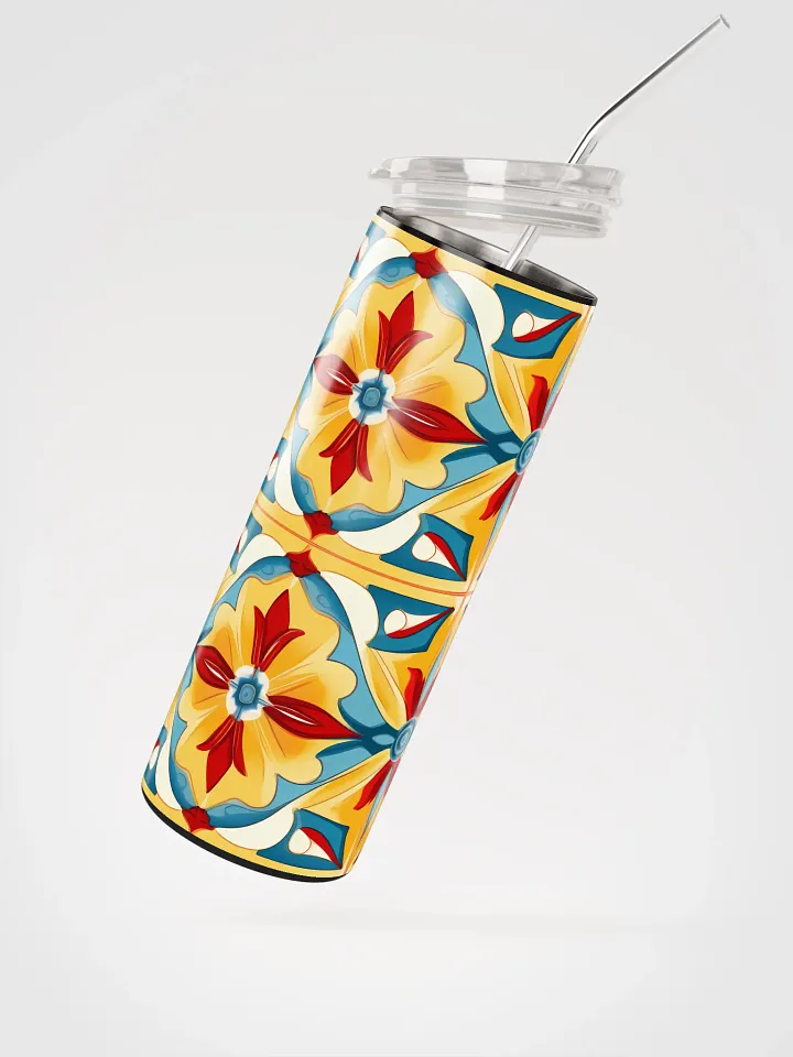 Colorful Brite Tile Pattern, Reds, Yellows, Blues, White Skinny Tumbler with Straw, 20oz product image (4)