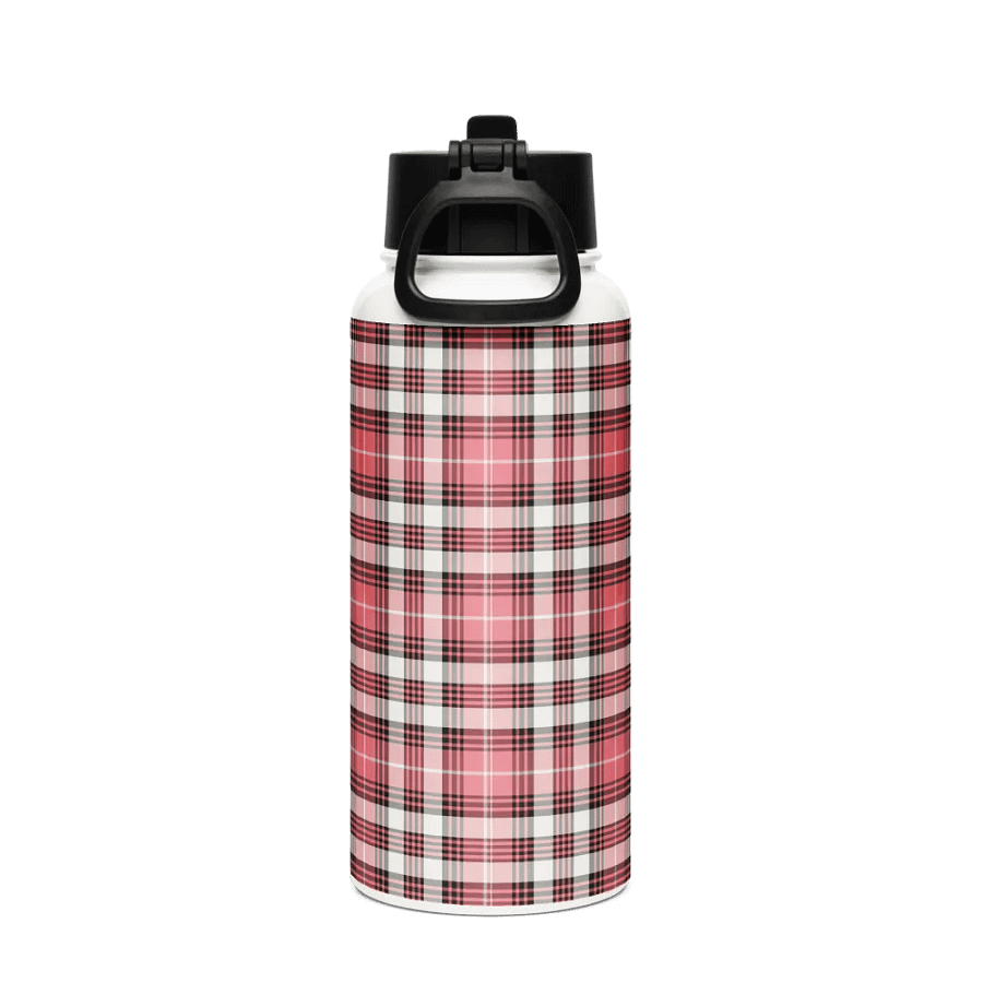 Coral Pink, Black, and White Plaid Water Bottle product image (3)