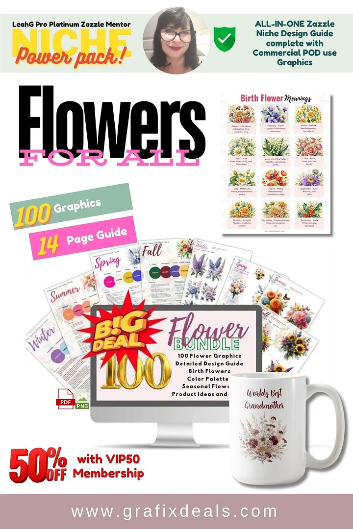 Designing with Flowers Print -on-Demand Trends Niche Guide | 100 Flower Graphics Bundle | Zazzle Niche Design Guide | Commercial POD Clipart product image (1)