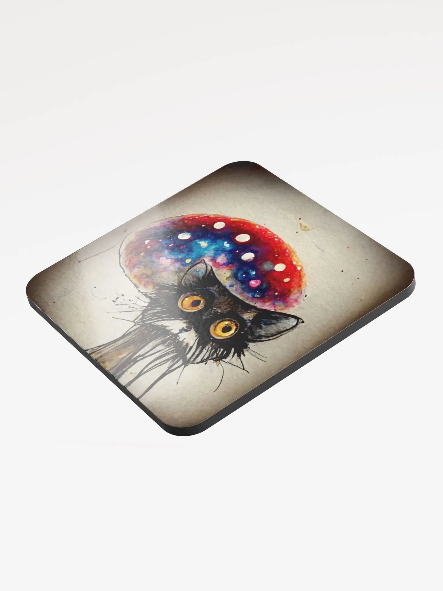 Whimsical Cat and Mushroom Glossed Cork Coaster product image (3)