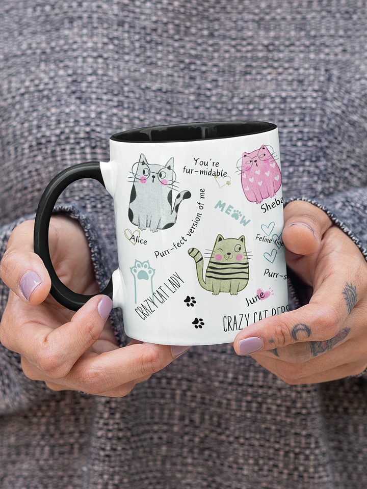 Hand-drawn ceramic cat coffee duo-tone mug with motivational quotes for a crazy cat lady product image (1)
