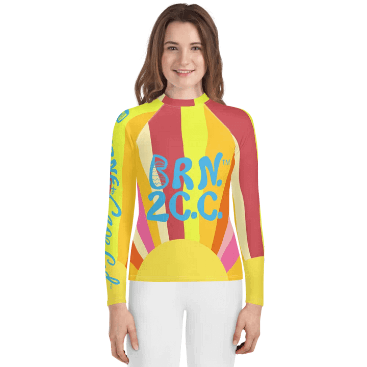 Girls' | YOUTH | Rash Guard | BRN.2C.C.™ Front Graphic | BOURNE to Cape Cod™ Sleeve & Back Logo | Coastal Swim Shirt for Kids | UV Protection Activewear | Blue Logo | Colorful Sun product image (1)