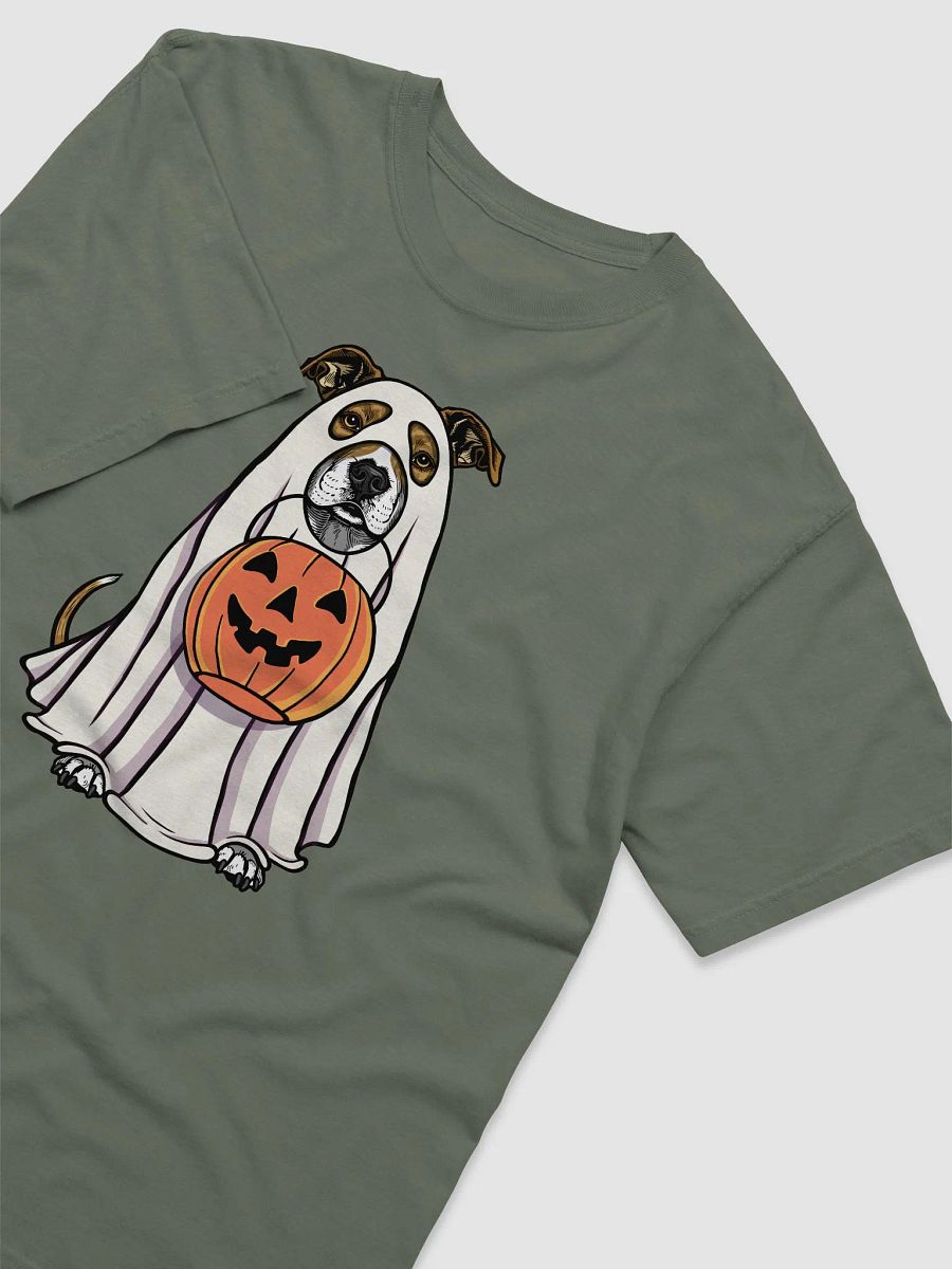 Funny Halloween Pitbull Terrier(Brindle) T-Shirt | Funny Pittie Wearing a Ghost Costume and Holding a Pumpkin Basket product image (14)