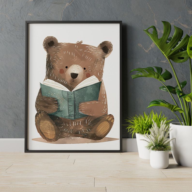 Cute Bear Reading a Book Watercolor Nursery Art Print product image (10)
